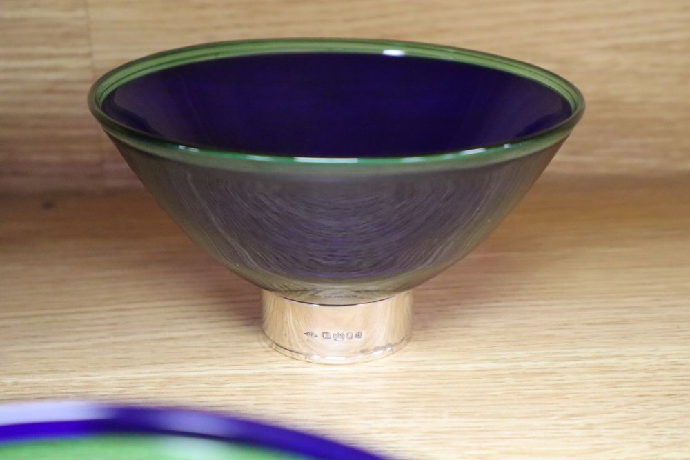 Four Copenhagen silver mounted bowls together with other Studio glass, tallest 8cm